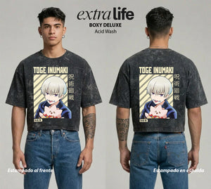 Playera streetwear premium de anime y gaming ExtraLife MX, corte boxy deluxe mineral wash heavyweight en color Acid Wash, moda urbana mexicana de culto.