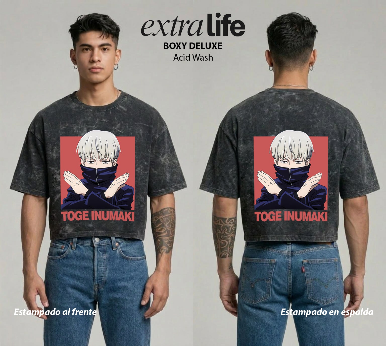 Playera streetwear premium de anime y gaming ExtraLife MX, corte boxy deluxe mineral wash heavyweight en color Acid Wash, moda urbana mexicana de culto.
