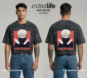 Playera streetwear premium de anime y gaming ExtraLife MX, corte boxy deluxe mineral wash heavyweight en color Acid Wash, moda urbana mexicana de culto.