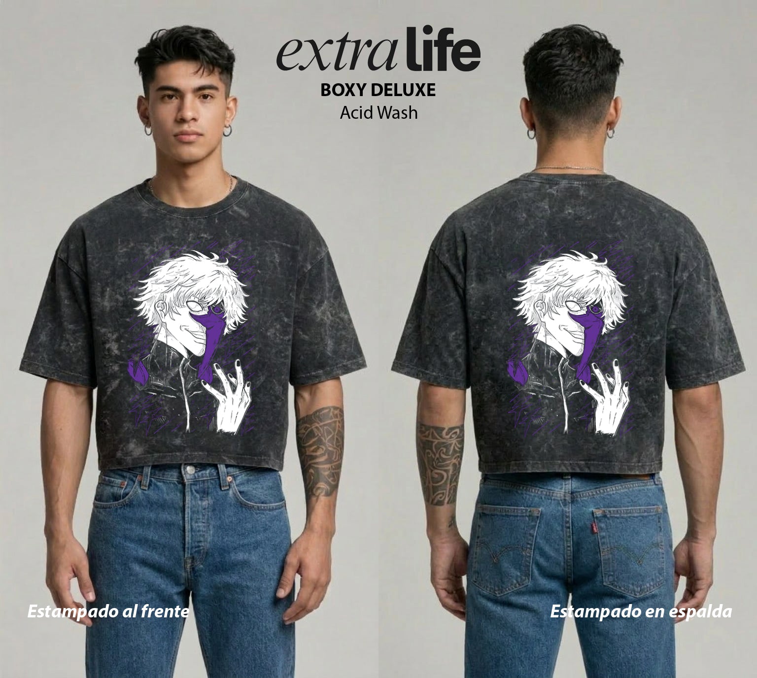 Playera streetwear premium de anime y gaming ExtraLife MX, corte boxy deluxe mineral wash heavyweight en color Acid Wash, moda urbana mexicana de culto.
