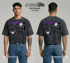 Playera streetwear premium de anime y gaming ExtraLife MX, corte boxy deluxe mineral wash heavyweight en color Acid Wash, moda urbana mexicana de culto.