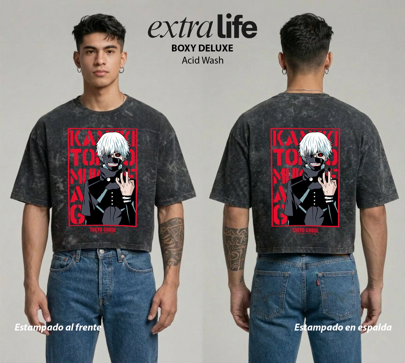 Playera streetwear premium de anime y gaming ExtraLife MX, corte boxy deluxe mineral wash heavyweight en color Acid Wash, moda urbana mexicana de culto.
