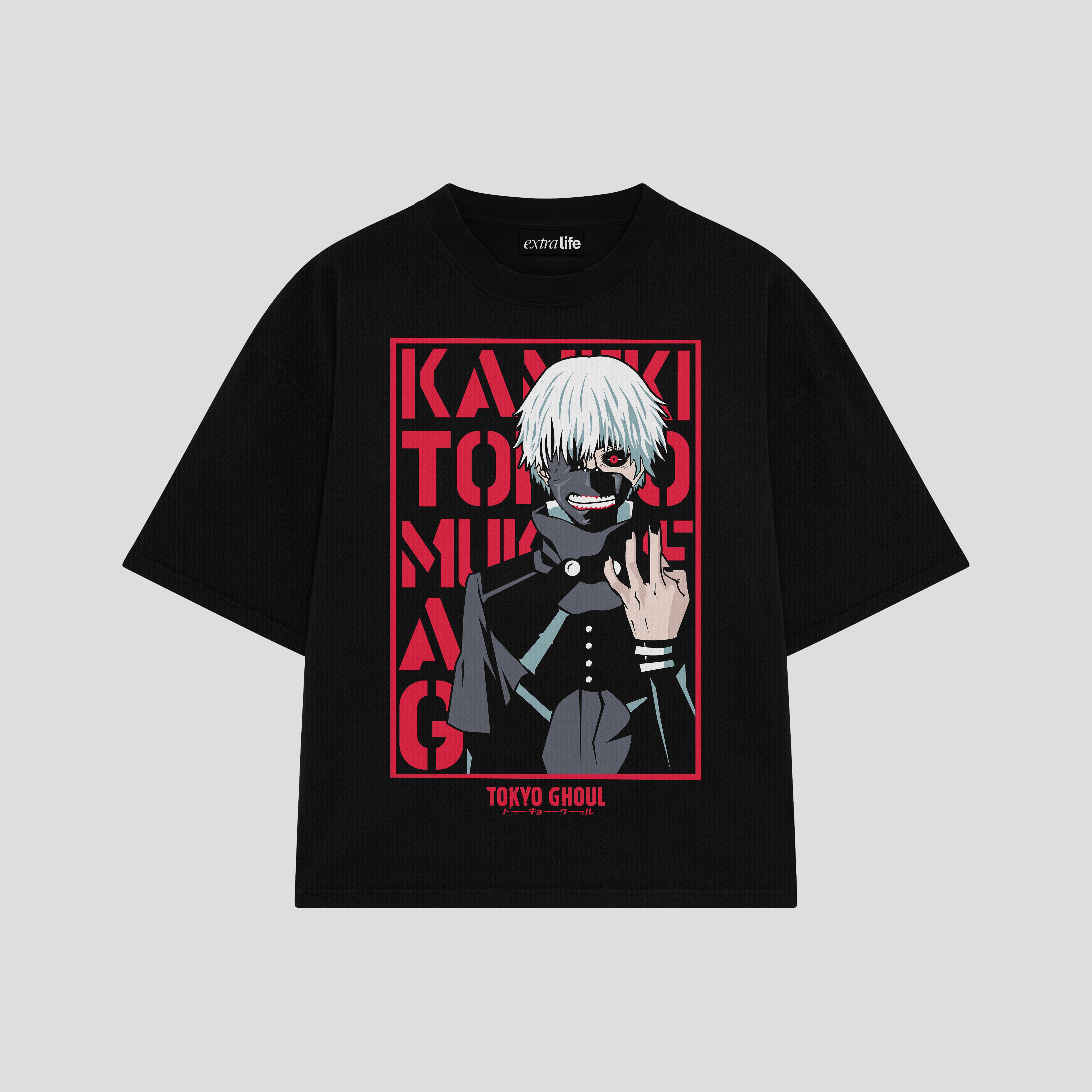 Playera streetwear premium de anime y gaming ExtraLife MX, corte boxy oversized drop shoulder heavyweight en color Deep Black y Off-White, moda urbana mexicana de culto.