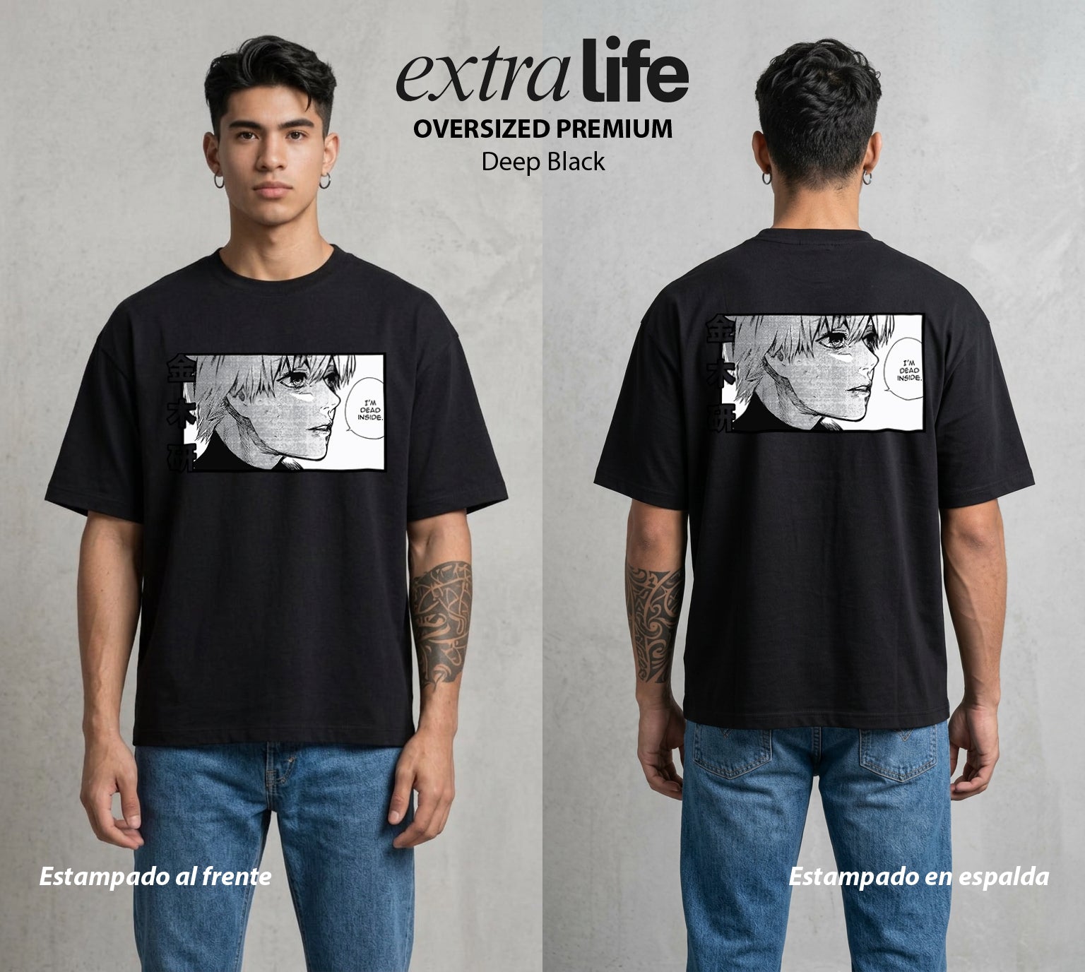 Ciudad de Ghouls | La Llama del Dojo #04350 - Playera Oversized Premium | Deep Black - Foto en modelo