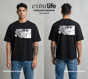 Ciudad de Ghouls | La Llama del Dojo #04350 - Playera Oversized Premium | Deep Black - Foto en modelo