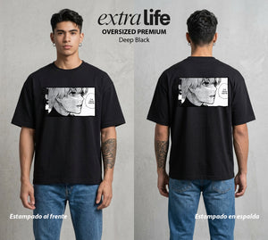 Ciudad de Ghouls | La Llama del Dojo #04350 - Playera Oversized Premium | Deep Black - Foto en modelo