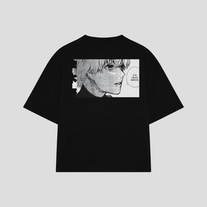 Playera streetwear premium de anime y gaming ExtraLife MX, corte boxy oversized drop shoulder heavyweight en color Deep Black y Off-White, moda urbana mexicana de culto.