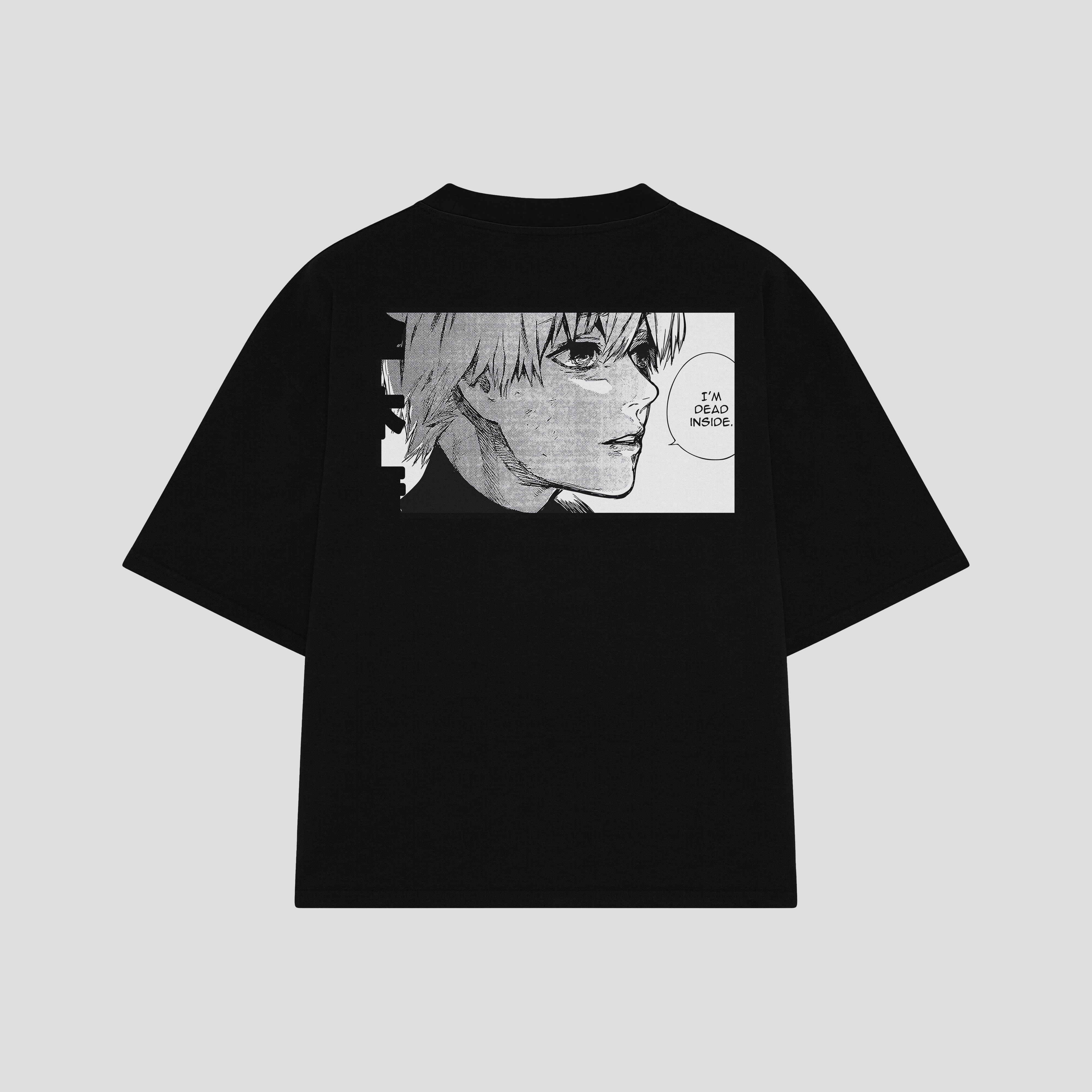 Playera streetwear premium de anime y gaming ExtraLife MX, corte boxy oversized drop shoulder heavyweight en color Deep Black y Off-White, moda urbana mexicana de culto.