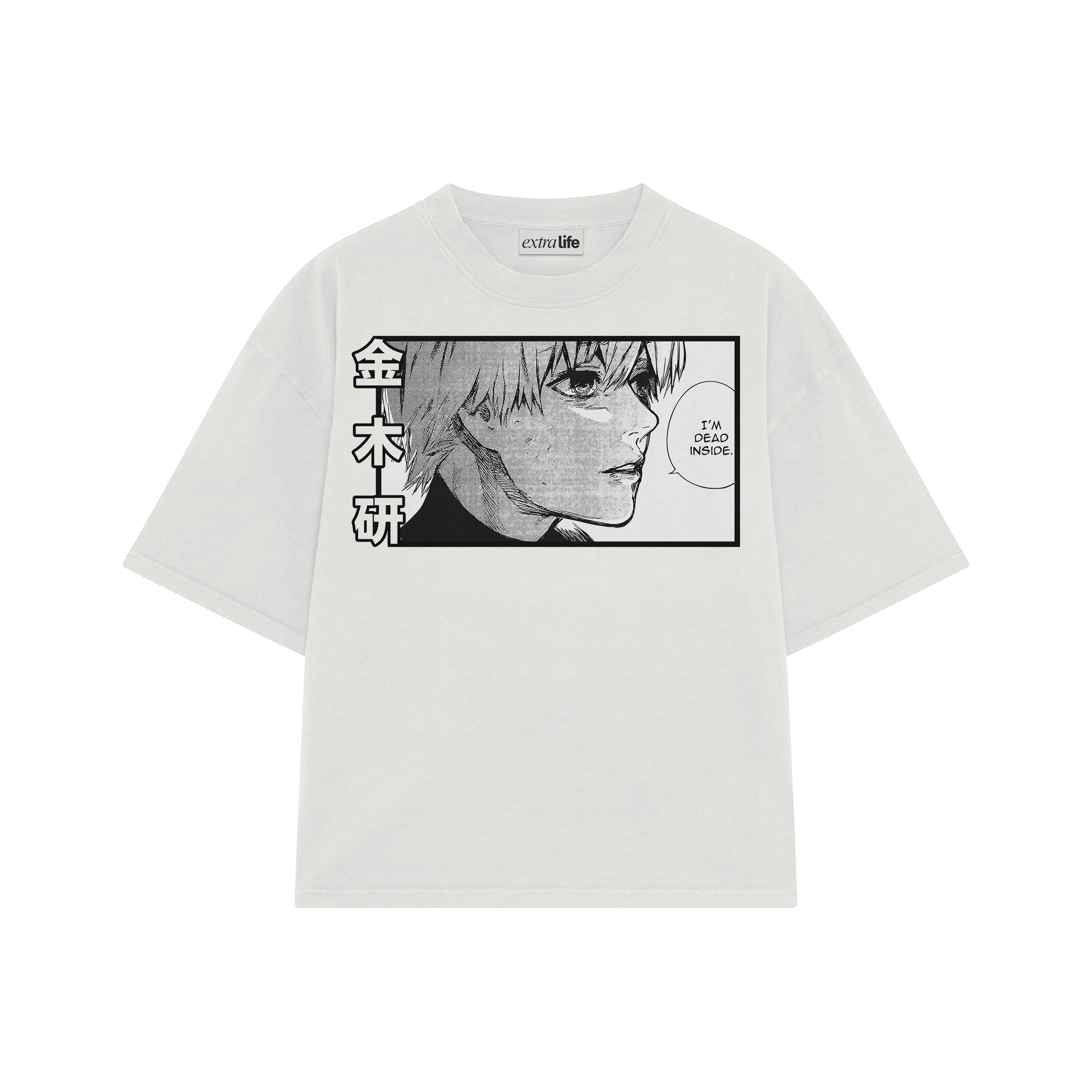Playera streetwear premium de anime y gaming ExtraLife MX, corte boxy oversized drop shoulder heavyweight en color Deep Black y Off-White, moda urbana mexicana de culto.