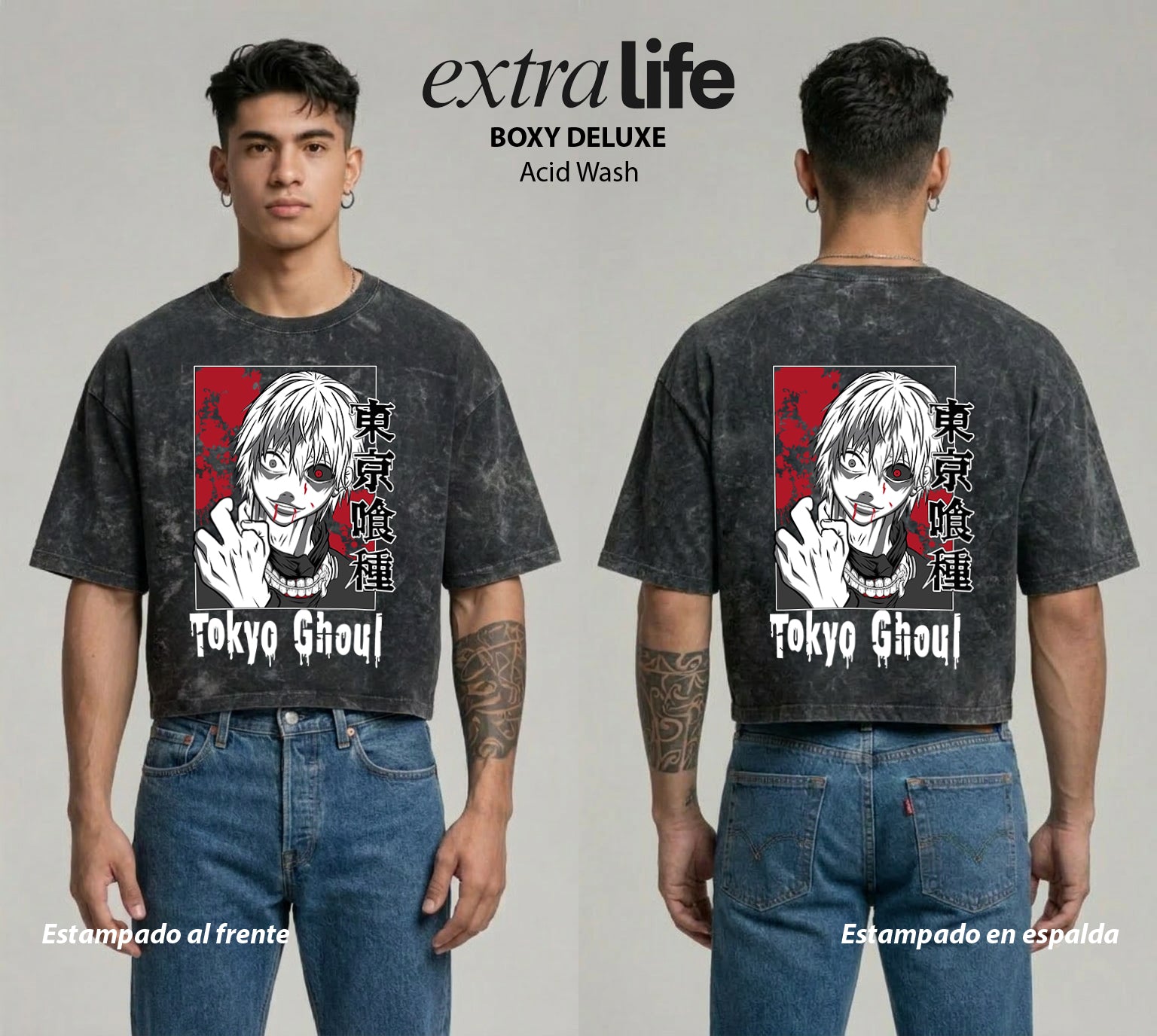 Playera streetwear premium de anime y gaming ExtraLife MX, corte boxy deluxe mineral wash heavyweight en color Acid Wash, moda urbana mexicana de culto.
