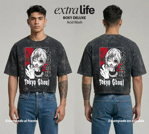 Playera streetwear premium de anime y gaming ExtraLife MX, corte boxy deluxe mineral wash heavyweight en color Acid Wash, moda urbana mexicana de culto.