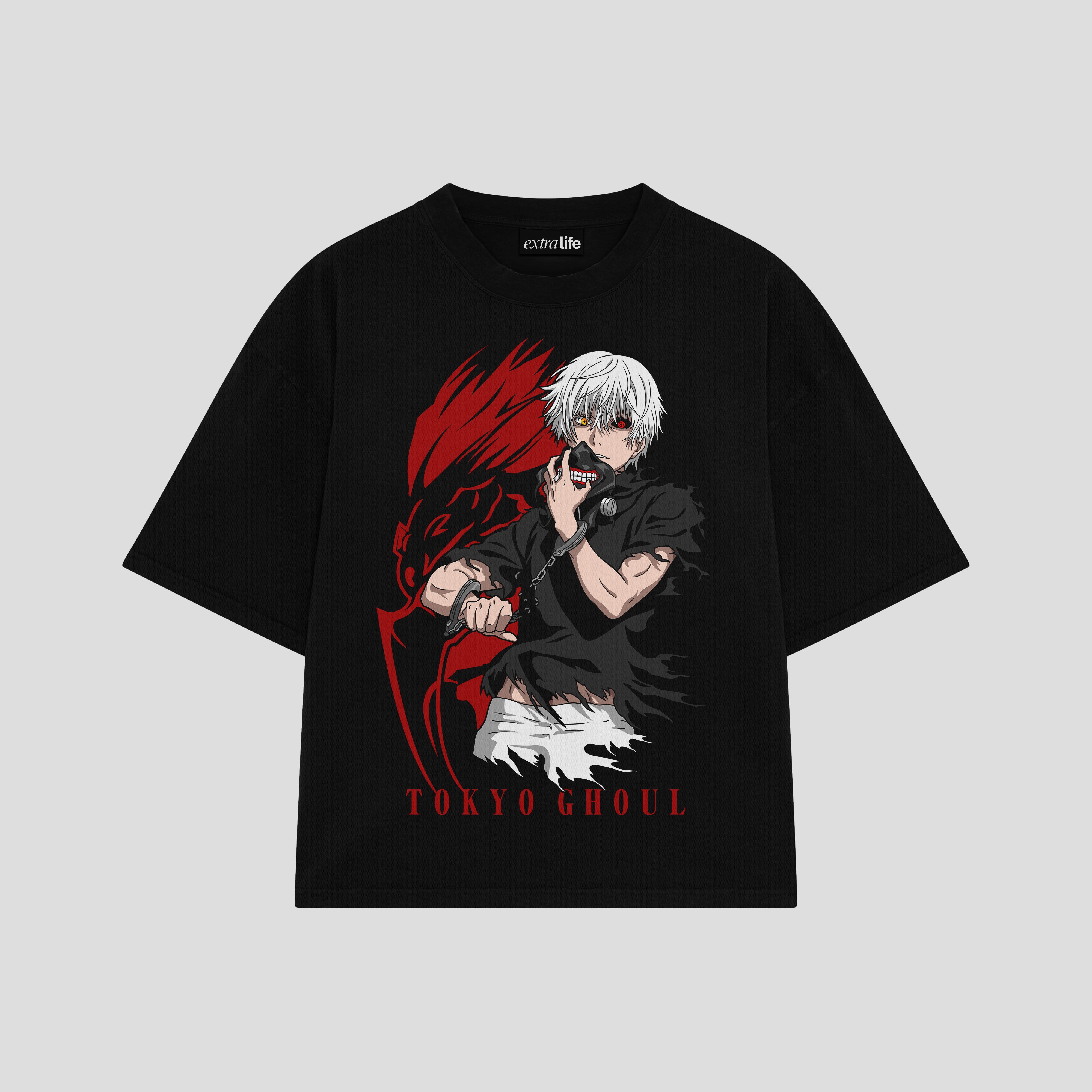 Playera streetwear premium de anime y gaming ExtraLife MX, corte boxy oversized drop shoulder heavyweight en color Deep Black y Off-White, moda urbana mexicana de culto.