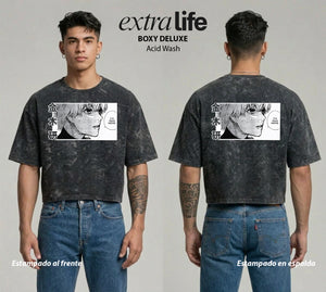 Playera streetwear premium de anime y gaming ExtraLife MX, corte boxy deluxe mineral wash heavyweight en color Acid Wash, moda urbana mexicana de culto.
