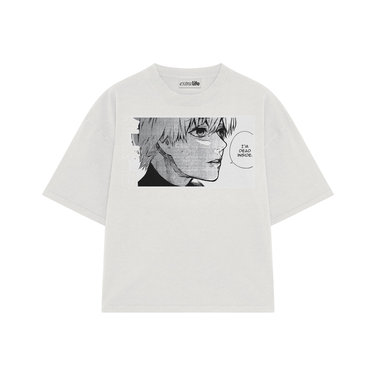 Playera streetwear premium de anime y gaming ExtraLife MX, corte oversized drop shoulder ligero y fresco en color Deep Black y Off-White, moda urbana mexicana de culto.