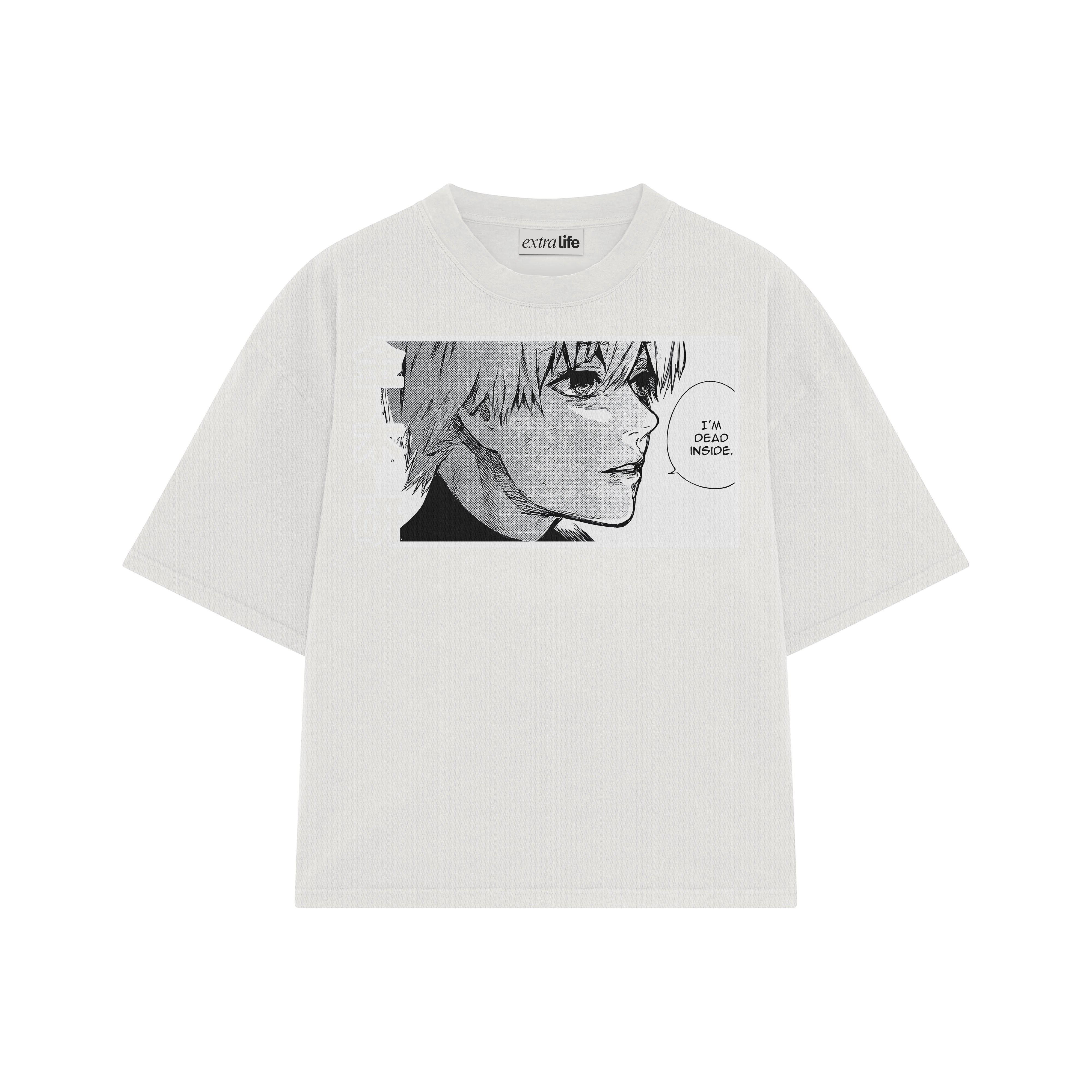 Playera streetwear premium de anime y gaming ExtraLife MX, corte boxy oversized drop shoulder heavyweight en color Deep Black y Off-White, moda urbana mexicana de culto.