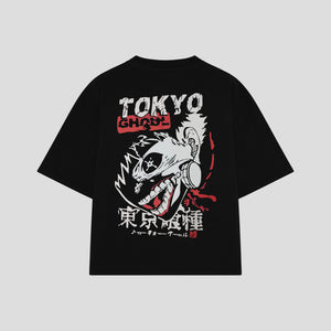 Playera streetwear premium de anime y gaming ExtraLife MX, corte boxy oversized drop shoulder heavyweight en color Deep Black y Off-White, moda urbana mexicana de culto.