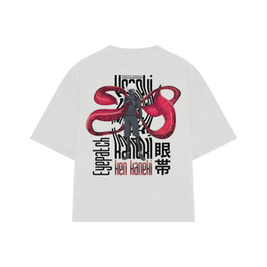 Playera streetwear premium de anime y gaming ExtraLife MX, corte boxy oversized drop shoulder heavyweight en color Deep Black y Off-White, moda urbana mexicana de culto.