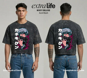 Playera streetwear premium de anime y gaming ExtraLife MX, corte boxy deluxe mineral wash heavyweight en color Acid Wash, moda urbana mexicana de culto.