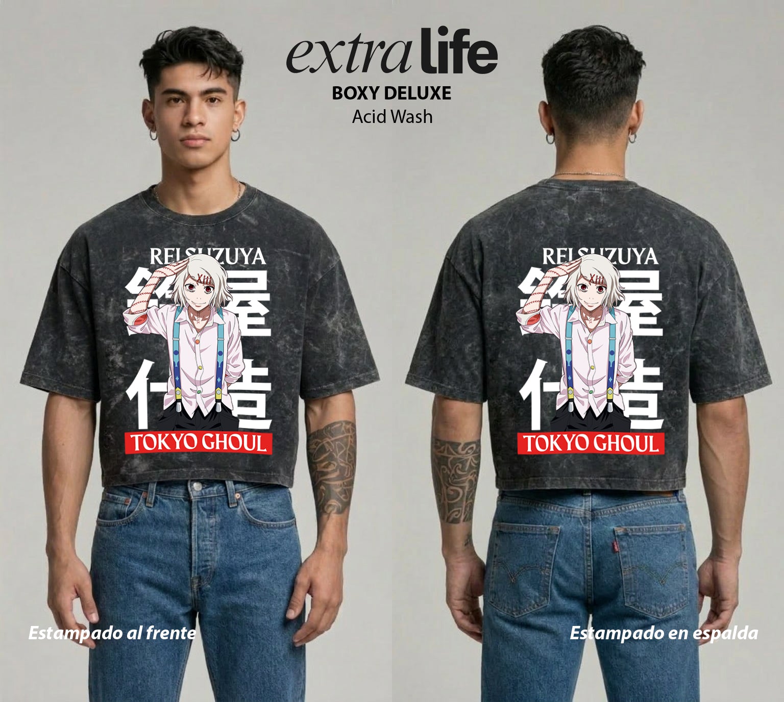 Playera streetwear premium de anime y gaming ExtraLife MX, corte boxy deluxe mineral wash heavyweight en color Acid Wash, moda urbana mexicana de culto.