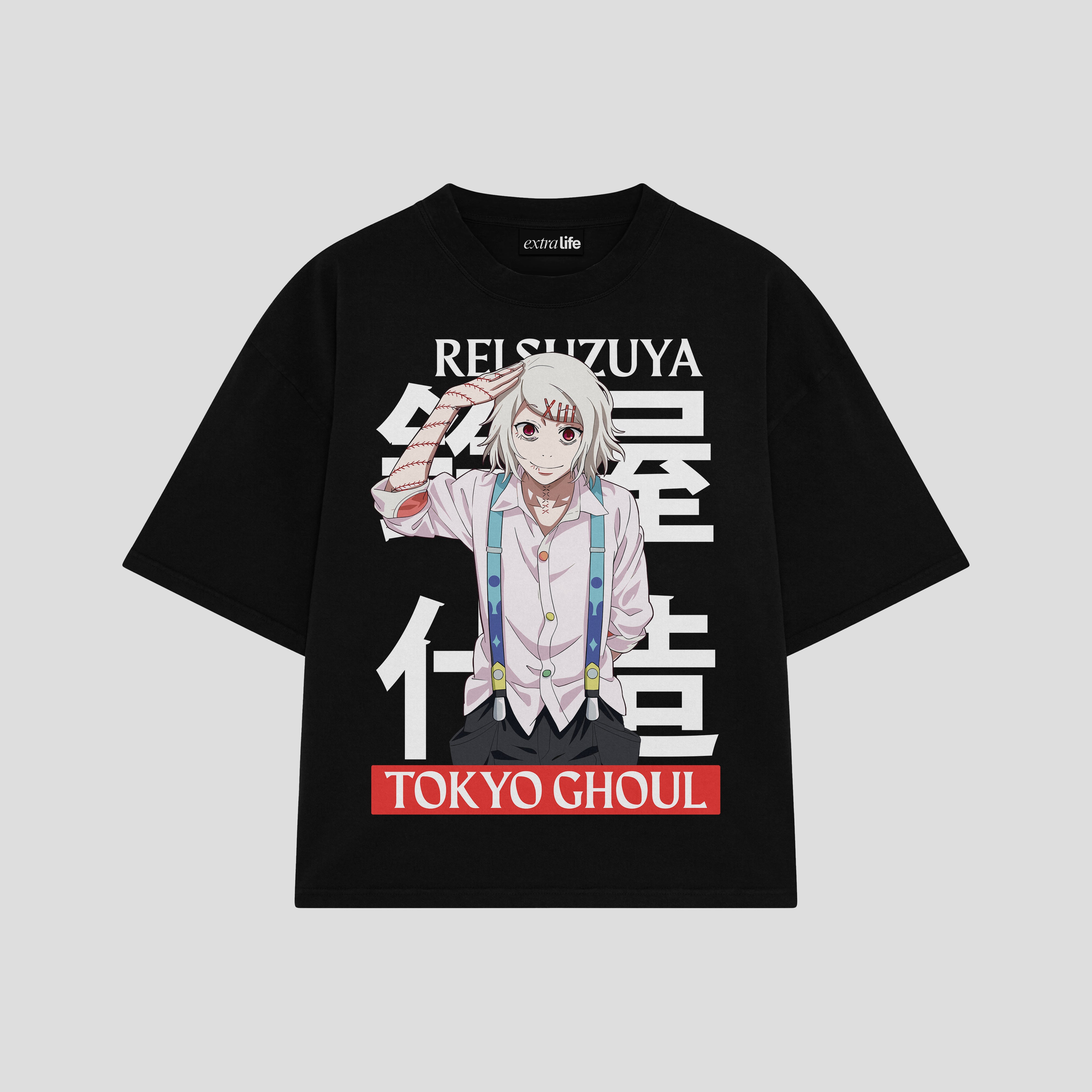 Playera streetwear premium de anime y gaming ExtraLife MX, corte boxy oversized drop shoulder heavyweight en color Deep Black y Off-White, moda urbana mexicana de culto.