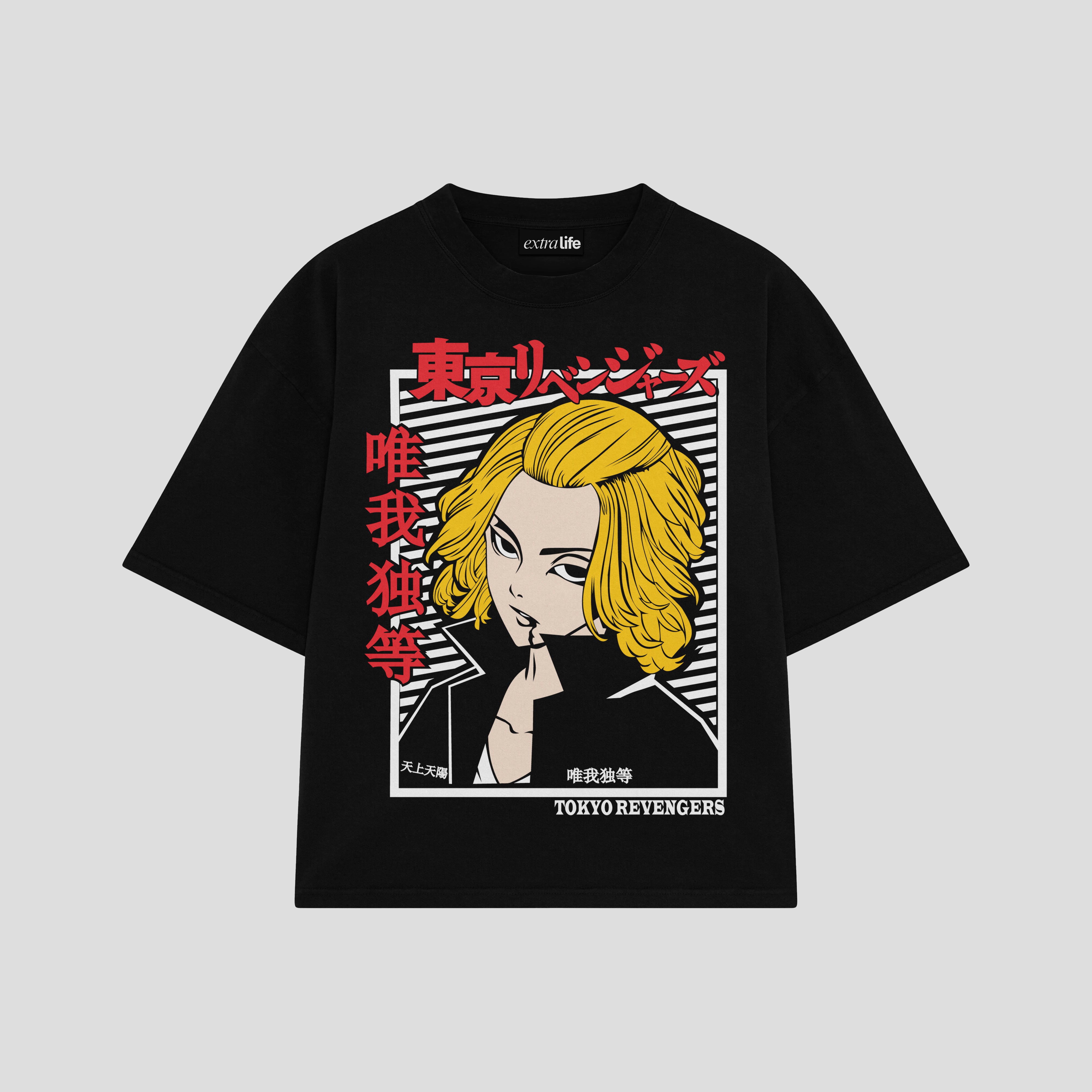 Playera streetwear premium de anime y gaming ExtraLife MX, corte boxy oversized drop shoulder heavyweight en color Deep Black y Off-White, moda urbana mexicana de culto.