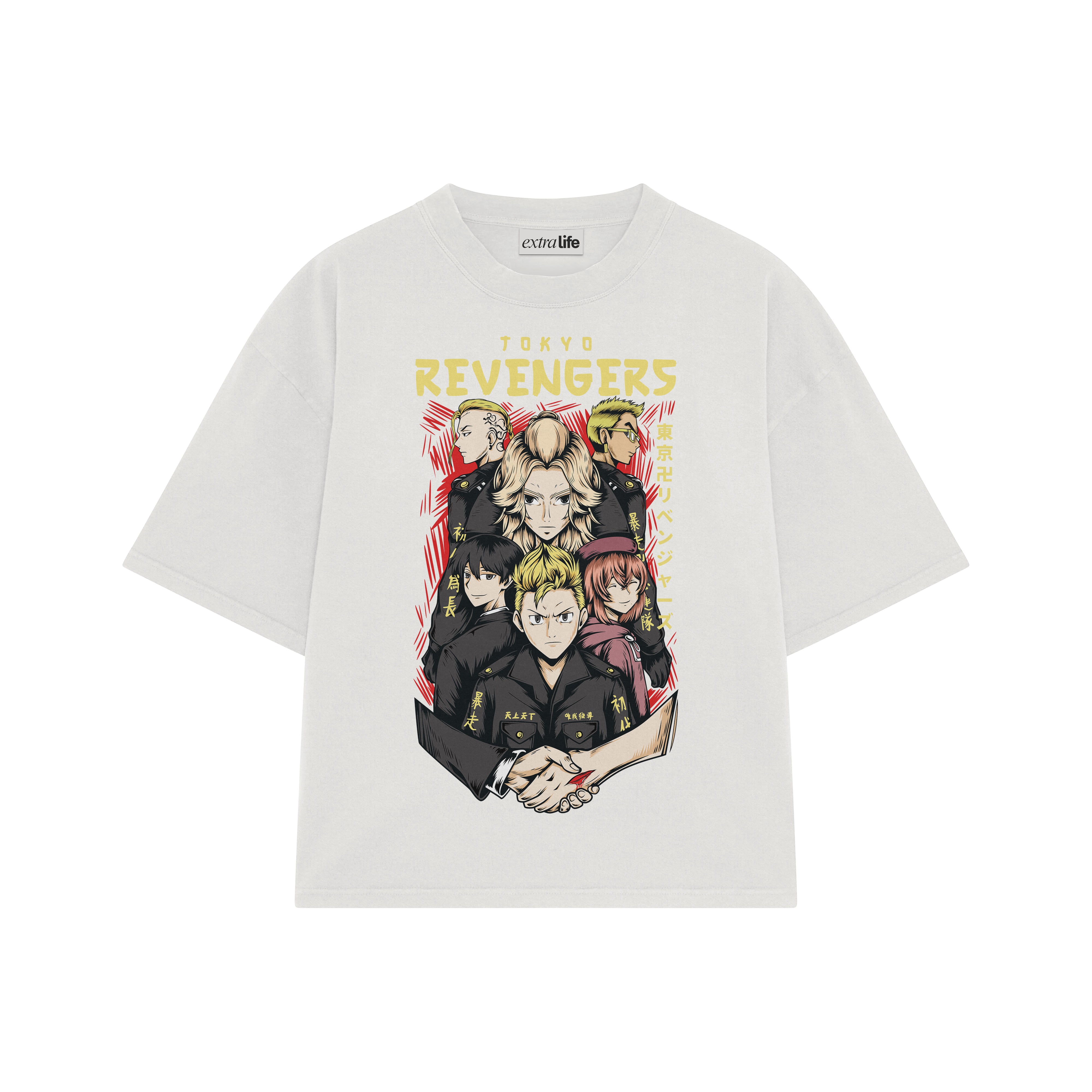 Playera streetwear premium de anime y gaming ExtraLife MX, corte boxy oversized drop shoulder heavyweight en color Deep Black y Off-White, moda urbana mexicana de culto.