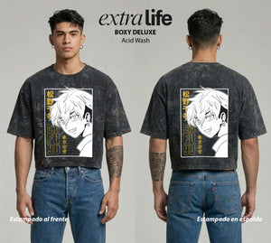 Playera streetwear premium de anime y gaming ExtraLife MX, corte boxy deluxe mineral wash heavyweight en color Acid Wash, moda urbana mexicana de culto.