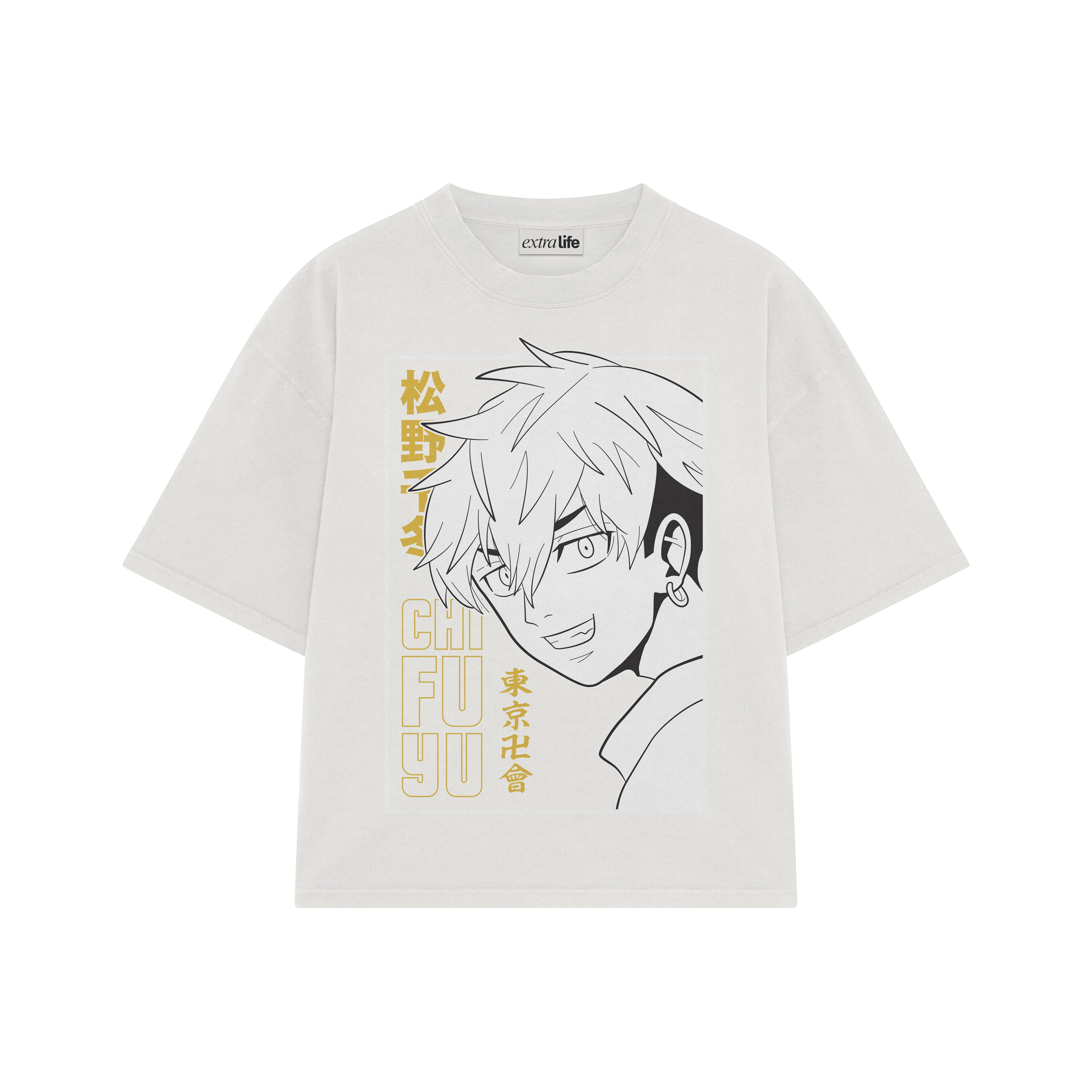 Playera streetwear premium de anime y gaming ExtraLife MX, corte boxy oversized drop shoulder heavyweight en color Deep Black y Off-White, moda urbana mexicana de culto.