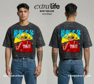 Playera streetwear premium de anime y gaming ExtraLife MX, corte boxy deluxe mineral wash heavyweight en color Acid Wash, moda urbana mexicana de culto.