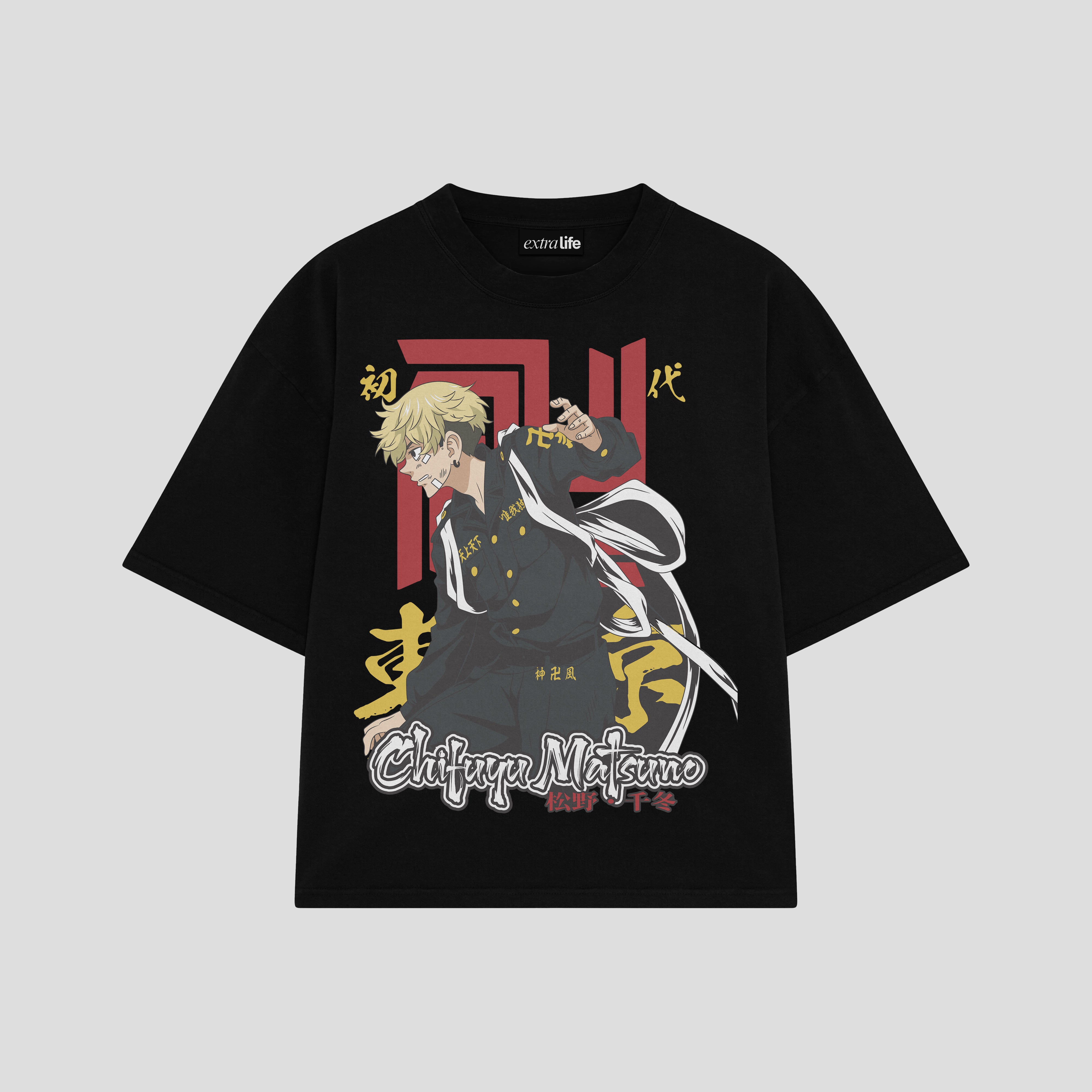 Playera streetwear premium de anime y gaming ExtraLife MX, corte boxy oversized drop shoulder heavyweight en color Deep Black y Off-White, moda urbana mexicana de culto.
