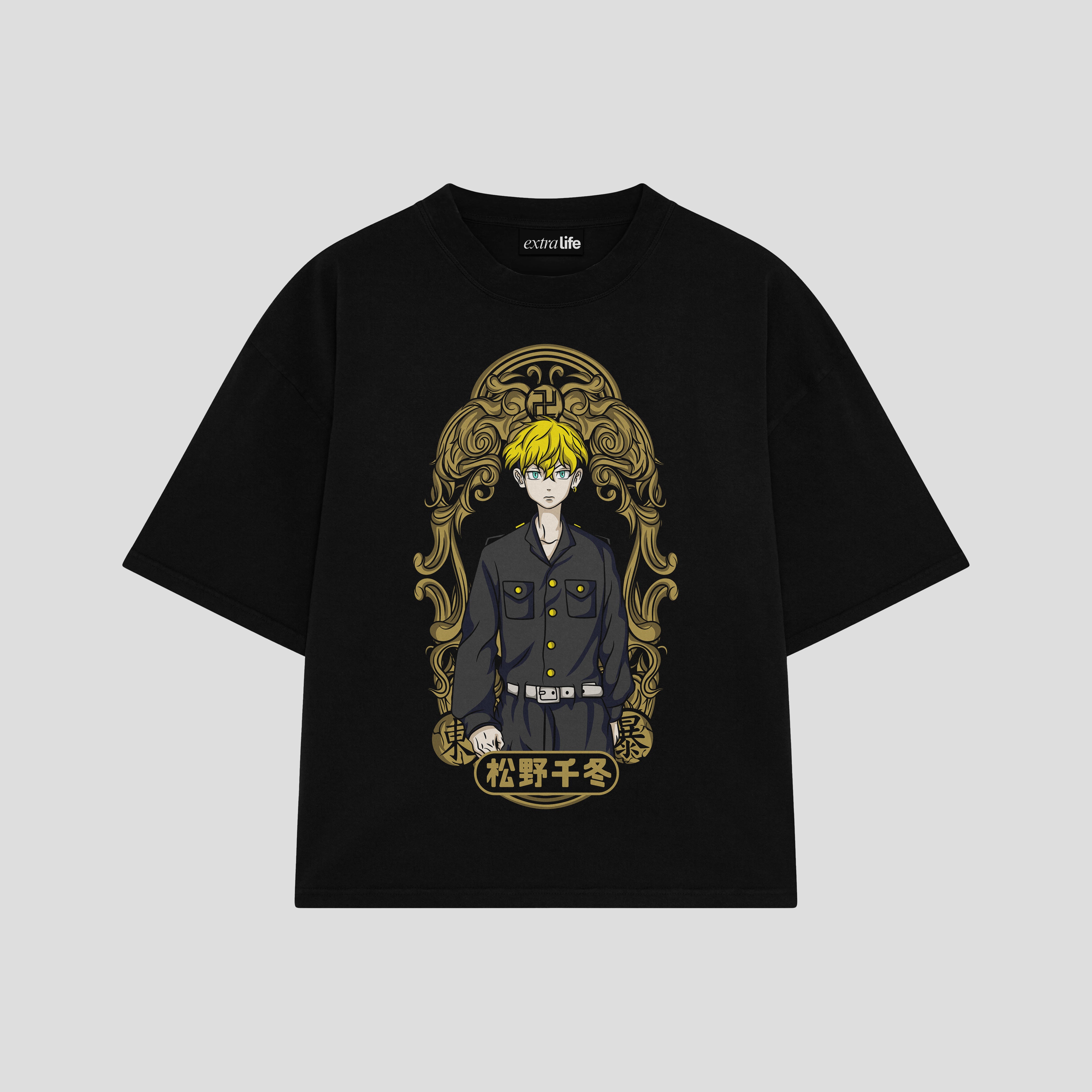 Playera streetwear premium de anime y gaming ExtraLife MX, corte boxy oversized drop shoulder heavyweight en color Deep Black y Off-White, moda urbana mexicana de culto.