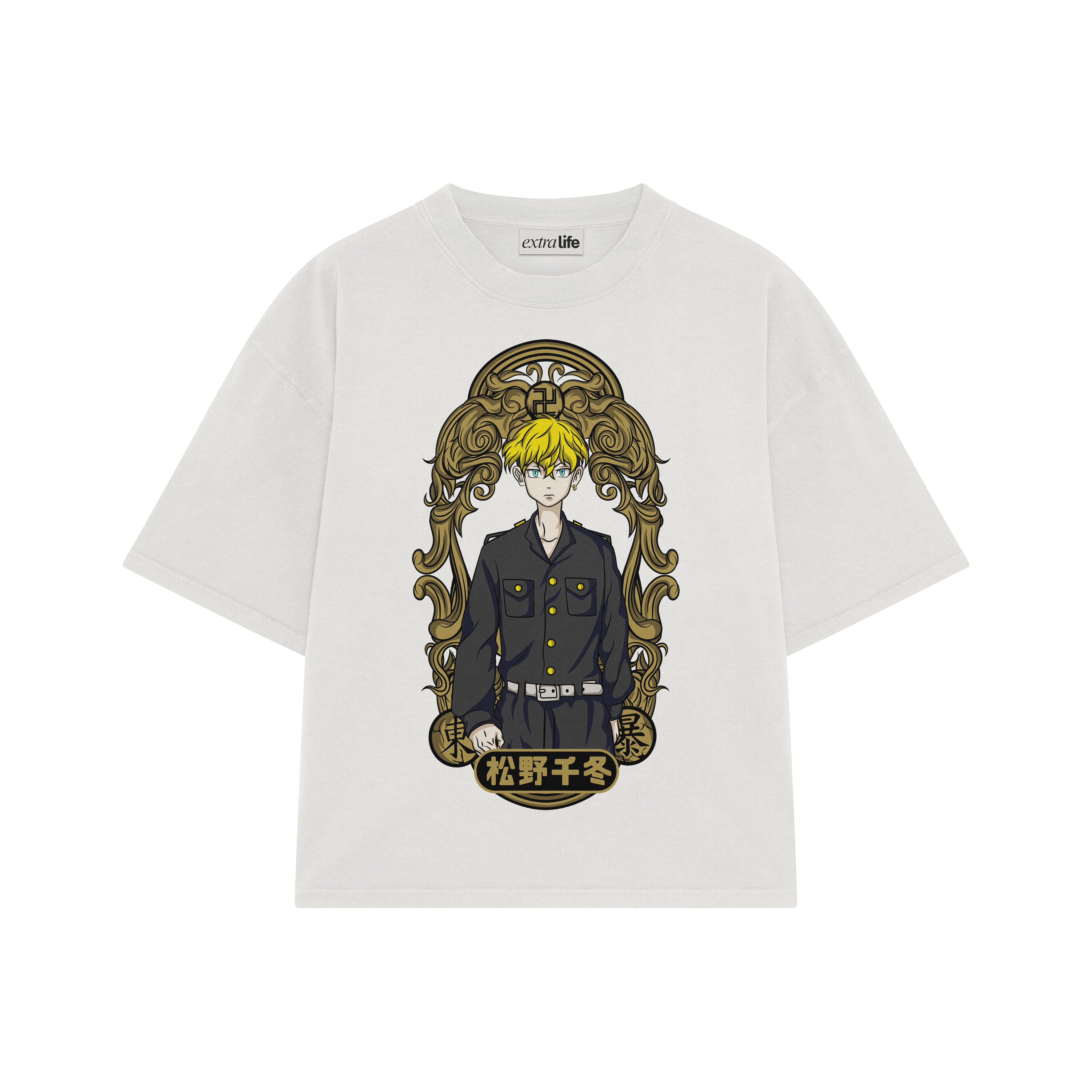 Playera streetwear premium de anime y gaming ExtraLife MX, corte boxy oversized drop shoulder heavyweight en color Deep Black y Off-White, moda urbana mexicana de culto.