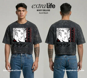 Playera streetwear premium de anime y gaming ExtraLife MX, corte boxy deluxe mineral wash heavyweight en color Acid Wash, moda urbana mexicana de culto.