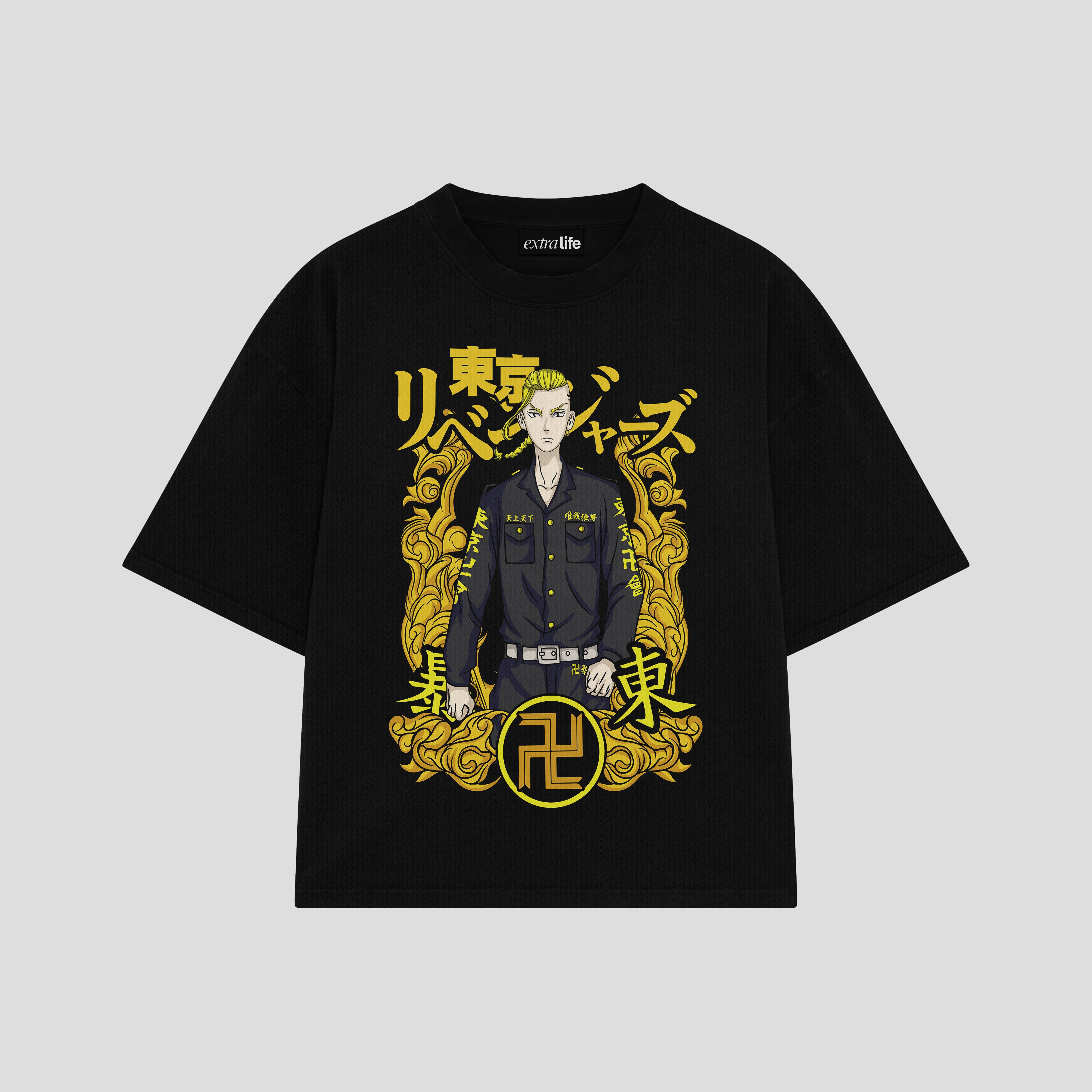Playera streetwear premium de anime y gaming ExtraLife MX, corte boxy oversized drop shoulder heavyweight en color Deep Black y Off-White, moda urbana mexicana de culto.