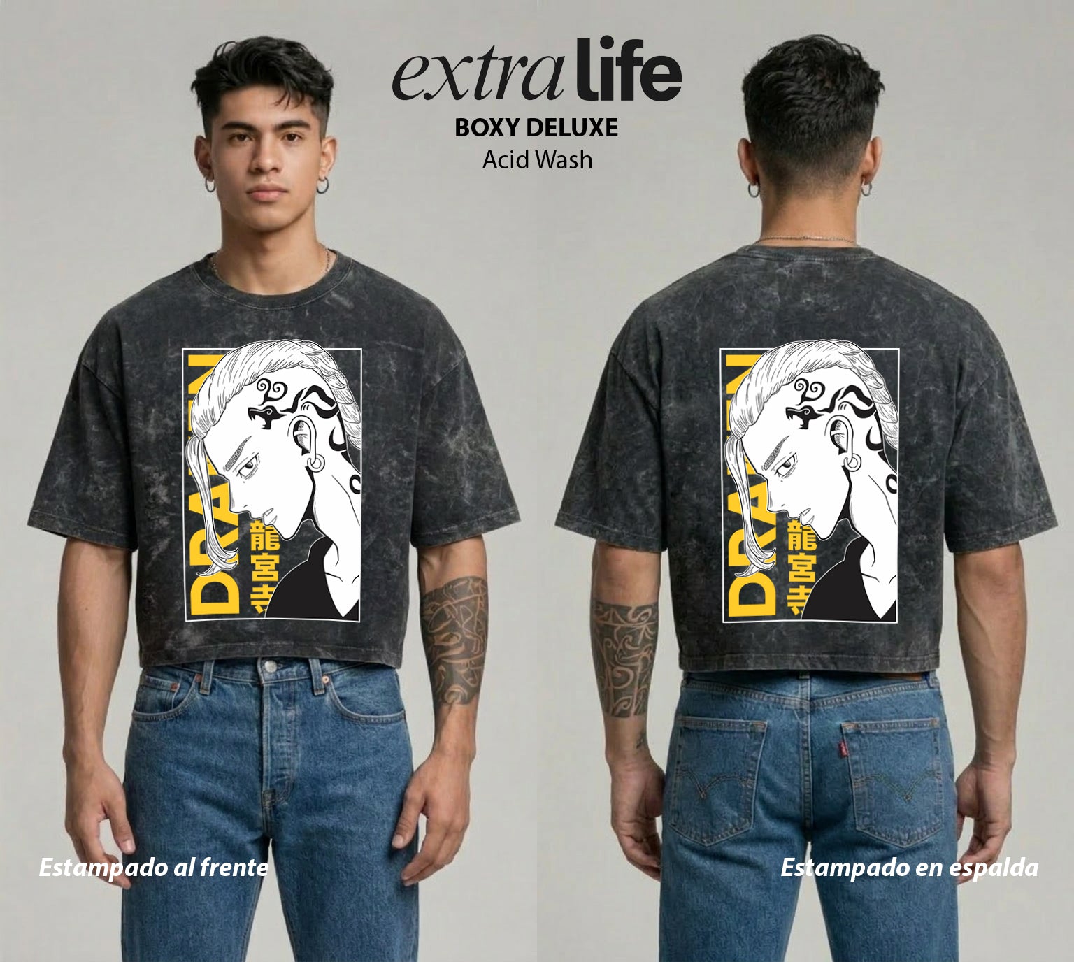 Playera streetwear premium de anime y gaming ExtraLife MX, corte boxy deluxe mineral wash heavyweight en color Acid Wash, moda urbana mexicana de culto.
