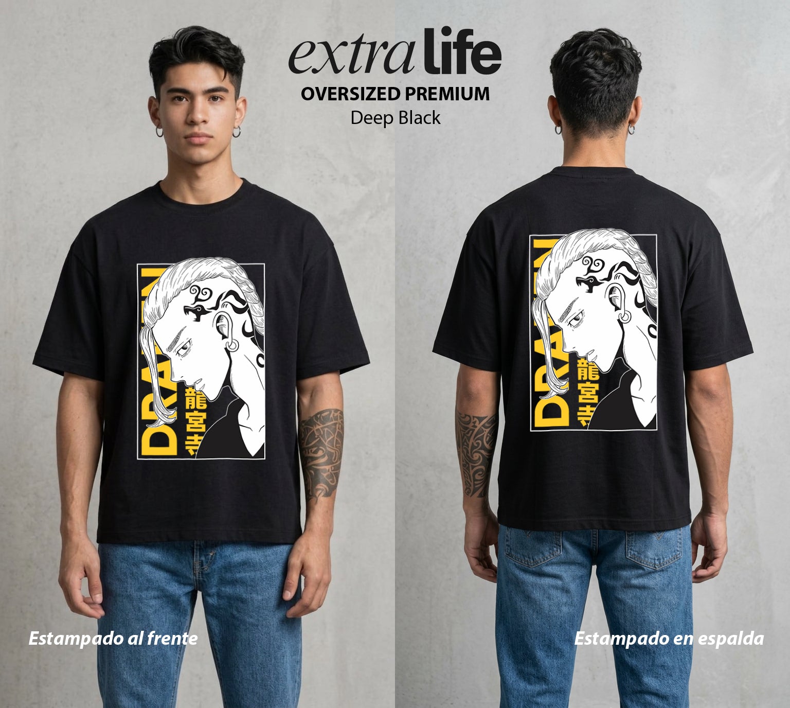 Pandillas del Tiempo | El Dragon del Norte #04373 - Playera Oversized Premium | Deep Black - Foto en modelo