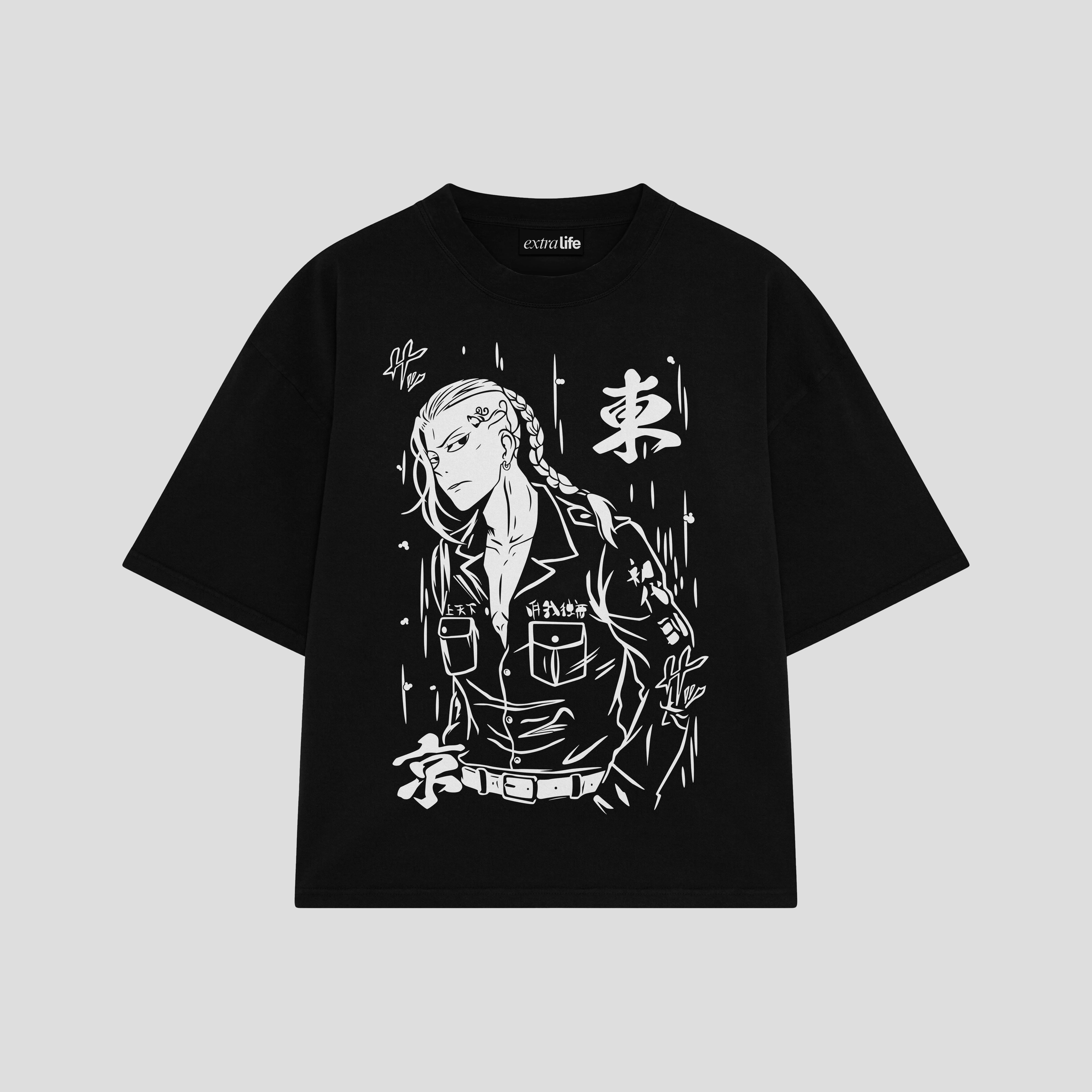 Playera streetwear premium de anime y gaming ExtraLife MX, corte boxy oversized drop shoulder heavyweight en color Deep Black y Off-White, moda urbana mexicana de culto.