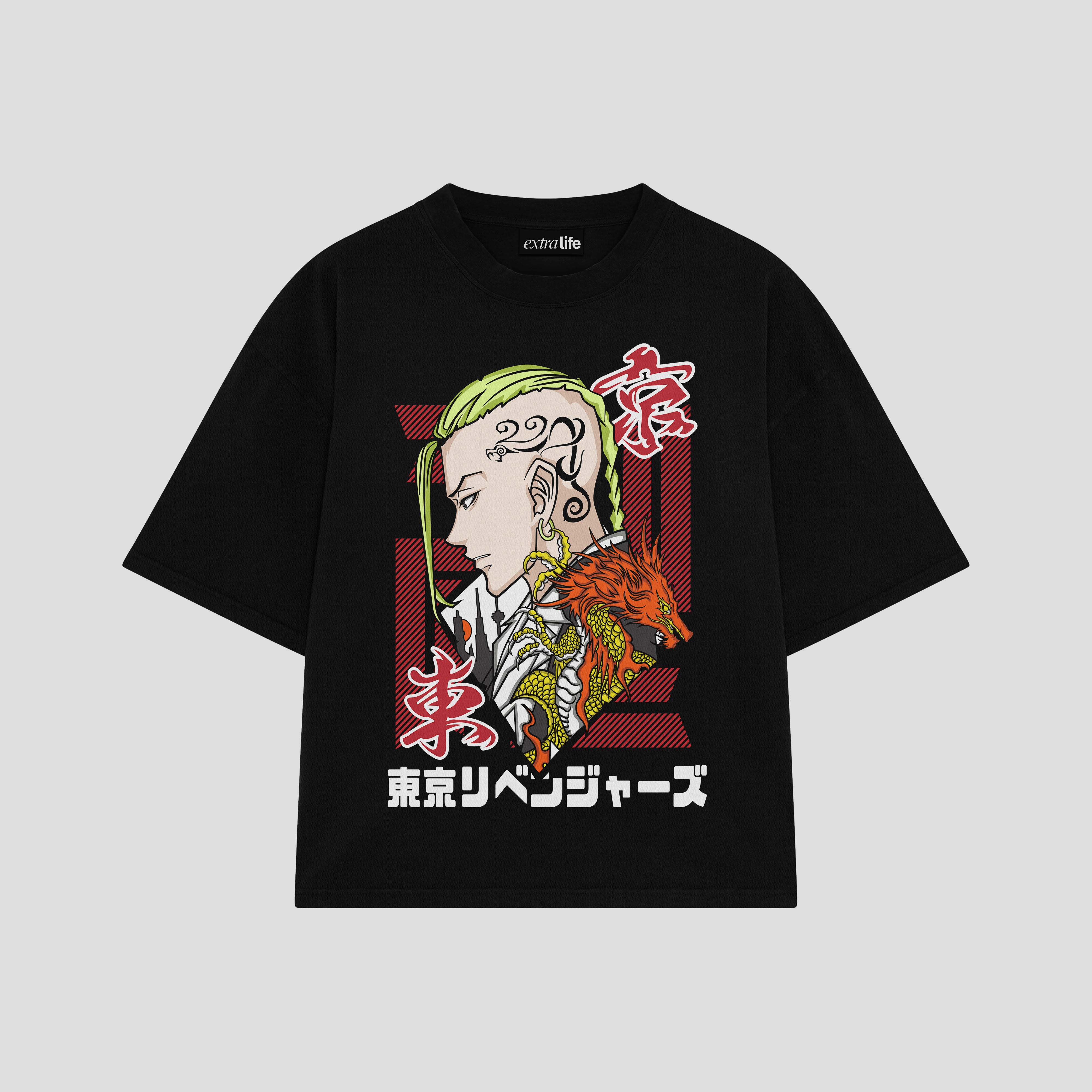 Playera streetwear premium de anime y gaming ExtraLife MX, corte boxy oversized drop shoulder heavyweight en color Deep Black y Off-White, moda urbana mexicana de culto.