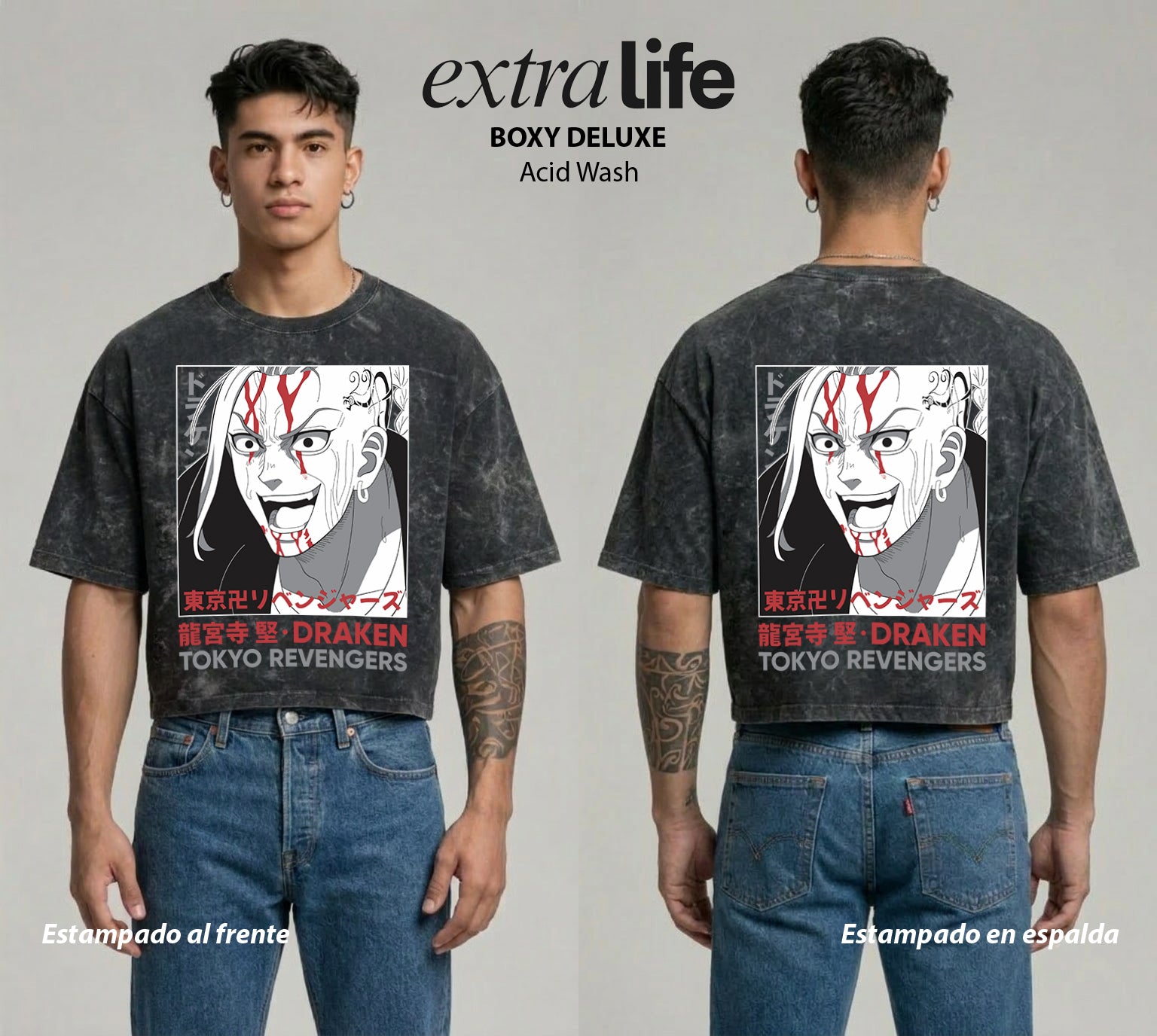 Playera streetwear premium de anime y gaming ExtraLife MX, corte boxy deluxe mineral wash heavyweight en color Acid Wash, moda urbana mexicana de culto.