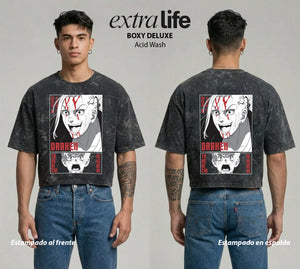 Playera streetwear premium de anime y gaming ExtraLife MX, corte boxy deluxe mineral wash heavyweight en color Acid Wash, moda urbana mexicana de culto.