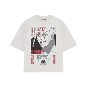 Playera streetwear premium de anime y gaming ExtraLife MX, corte boxy oversized drop shoulder heavyweight en color Deep Black y Off-White, moda urbana mexicana de culto.