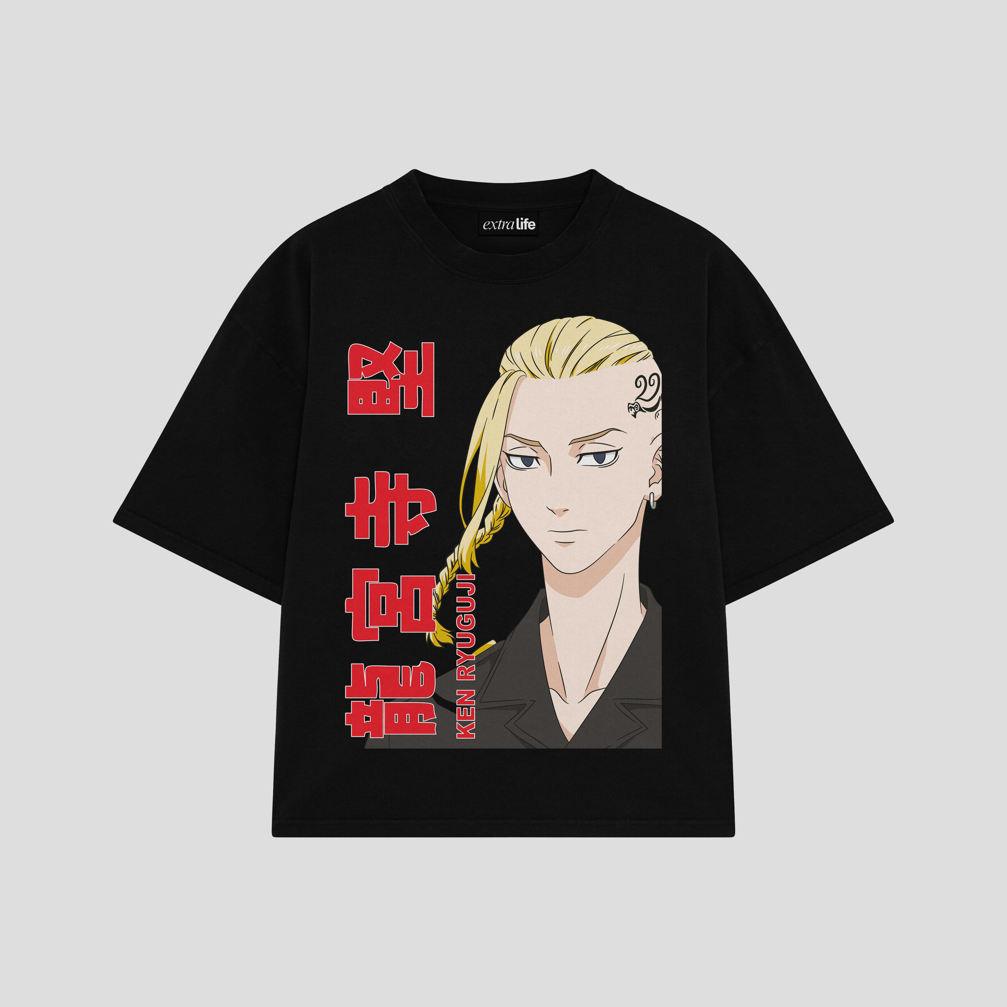 Playera streetwear premium de anime y gaming ExtraLife MX, corte boxy oversized drop shoulder heavyweight en color Deep Black y Off-White, moda urbana mexicana de culto.