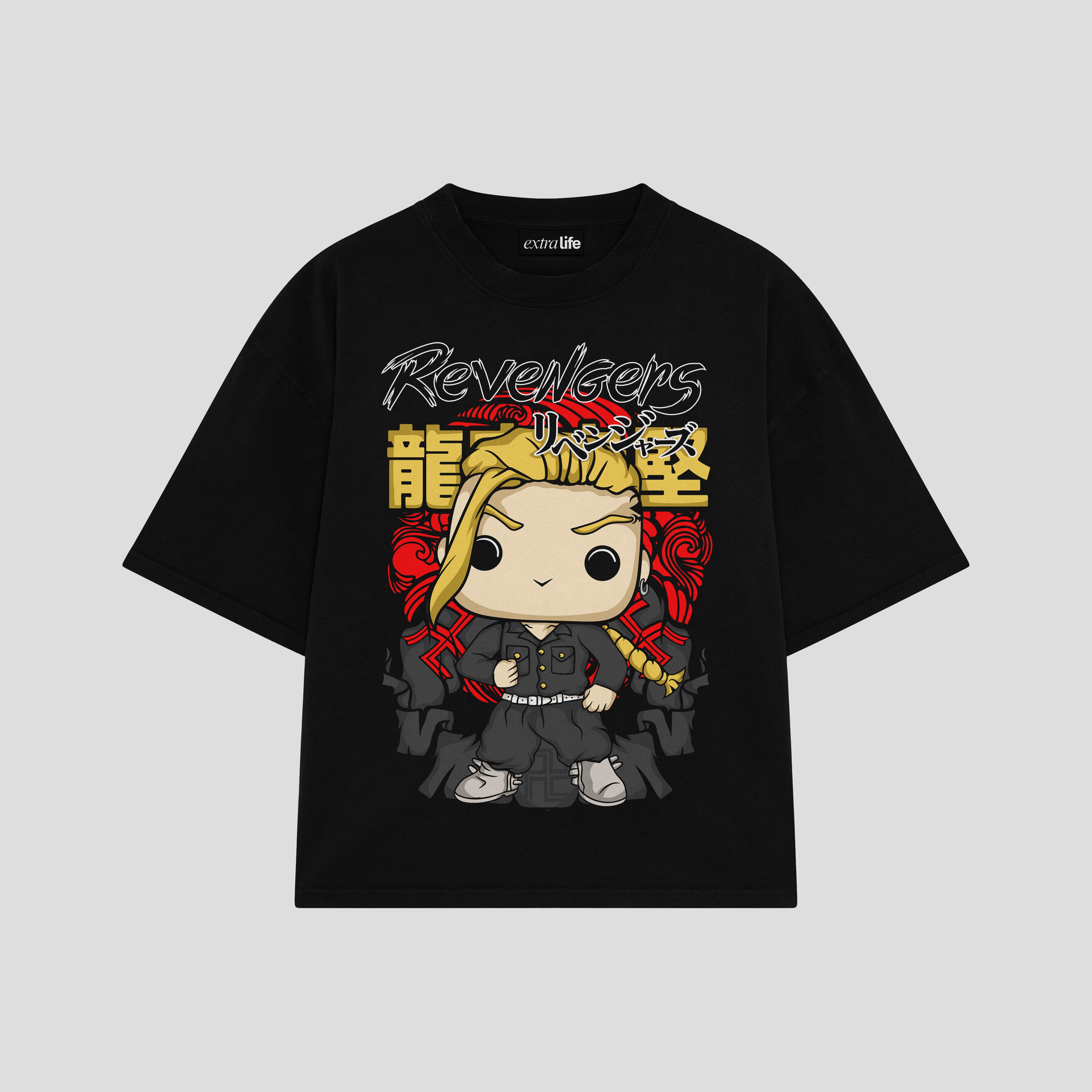 Playera streetwear premium de anime y gaming ExtraLife MX, corte boxy oversized drop shoulder heavyweight en color Deep Black y Off-White, moda urbana mexicana de culto.