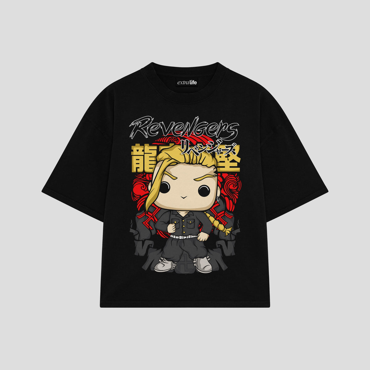 Playera streetwear premium de anime y gaming ExtraLife MX, corte oversized drop shoulder ligero y fresco en color Deep Black y Off-White, moda urbana mexicana de culto.