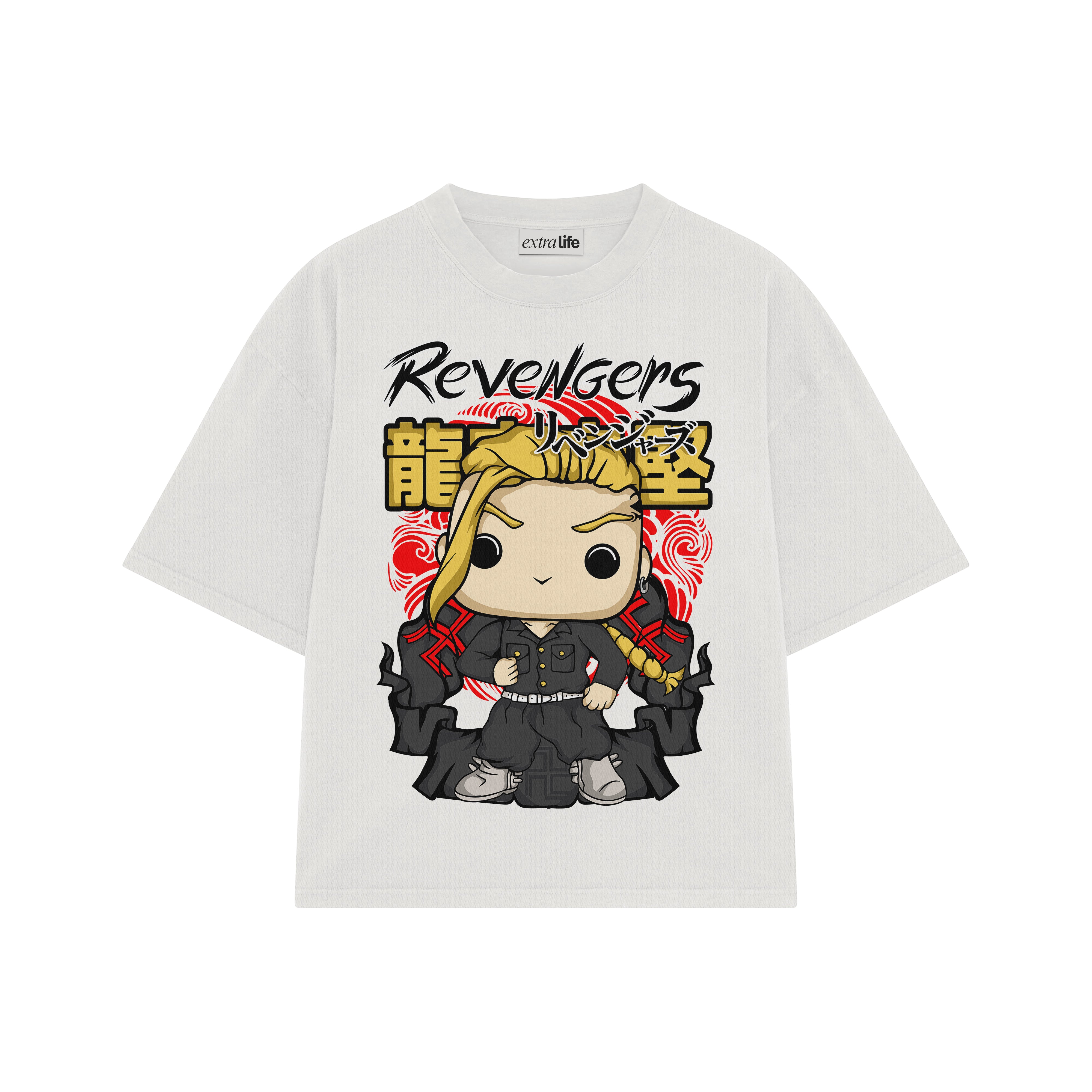 Playera streetwear premium de anime y gaming ExtraLife MX, corte boxy oversized drop shoulder heavyweight en color Deep Black y Off-White, moda urbana mexicana de culto.