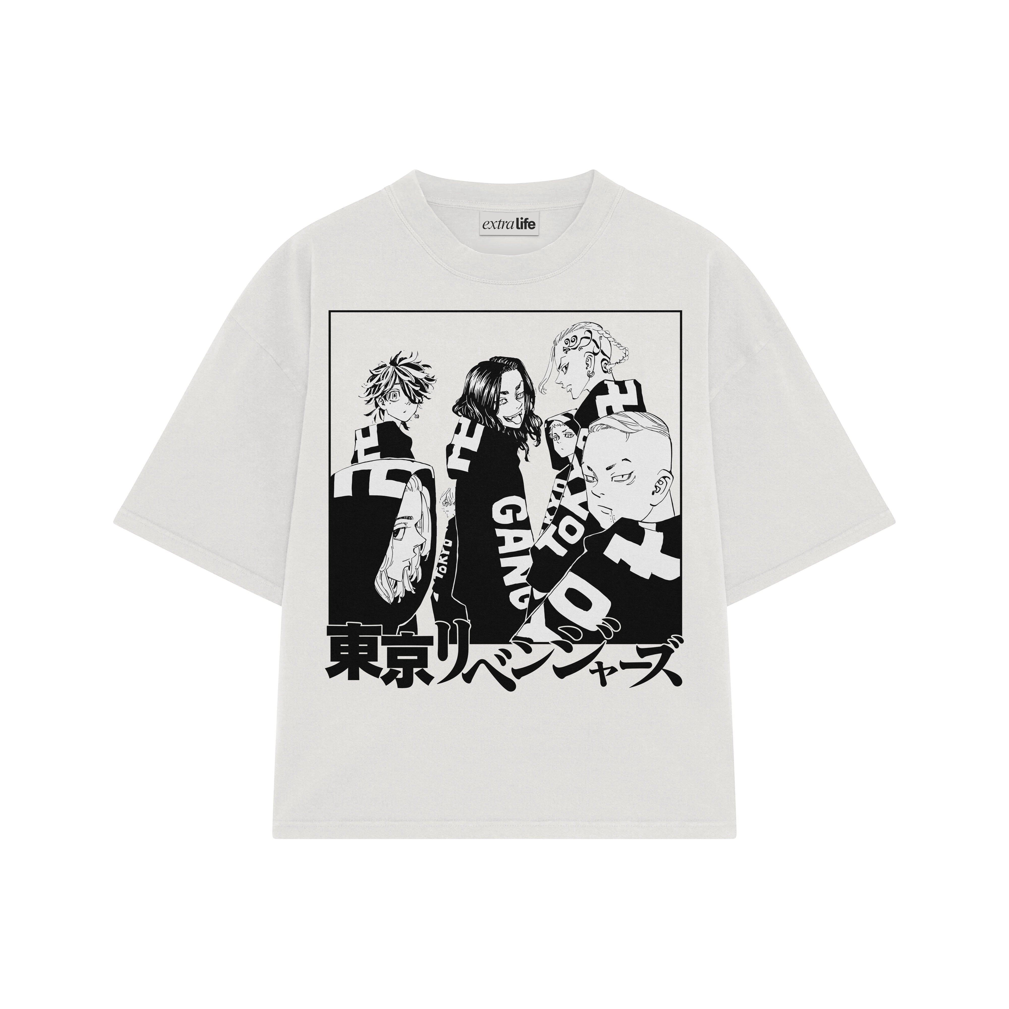 Playera streetwear premium de anime y gaming ExtraLife MX, corte boxy oversized drop shoulder heavyweight en color Deep Black y Off-White, moda urbana mexicana de culto.