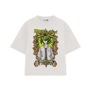 Playera streetwear premium de anime y gaming ExtraLife MX, corte boxy oversized drop shoulder heavyweight en color Deep Black y Off-White, moda urbana mexicana de culto.