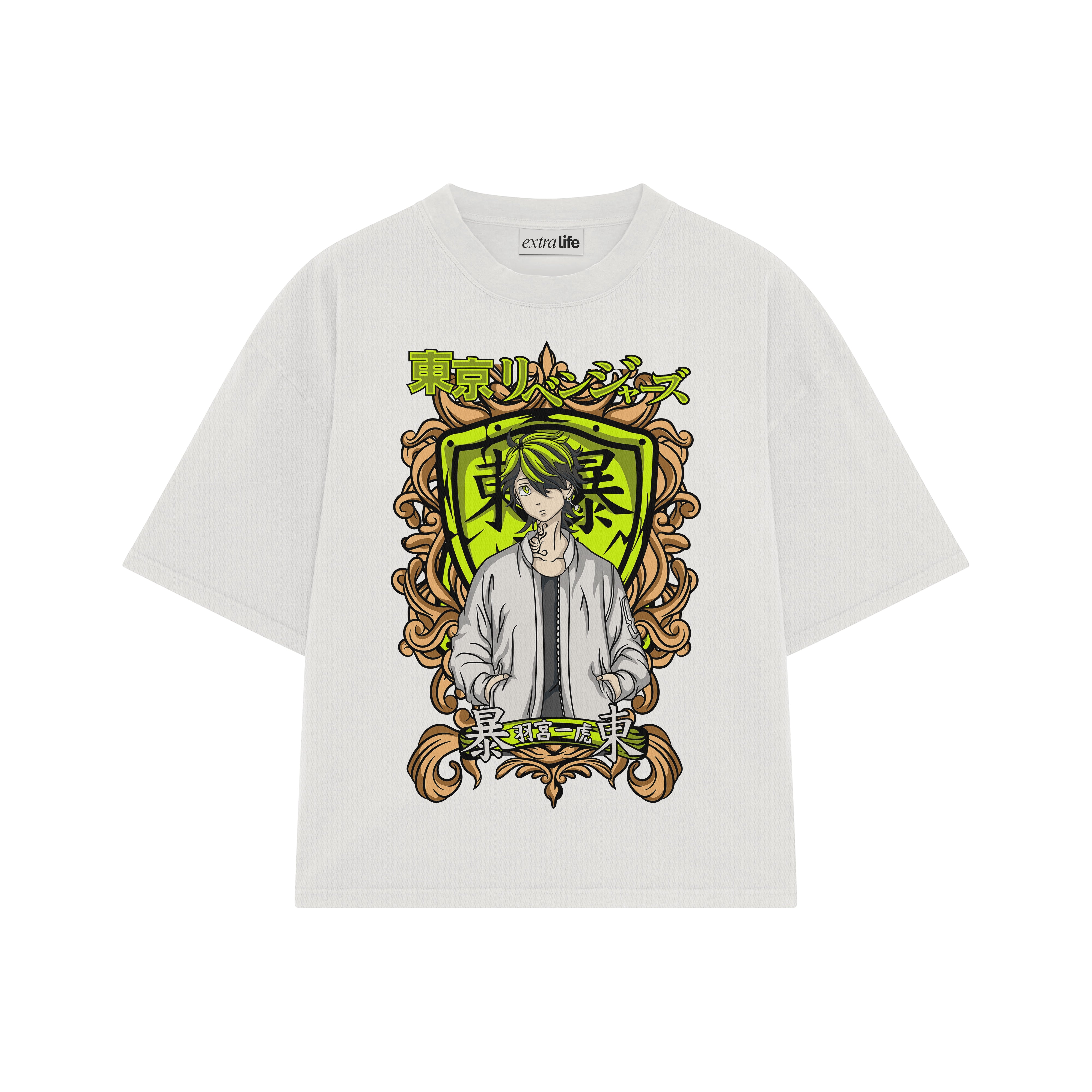 Playera streetwear premium de anime y gaming ExtraLife MX, corte boxy oversized drop shoulder heavyweight en color Deep Black y Off-White, moda urbana mexicana de culto.