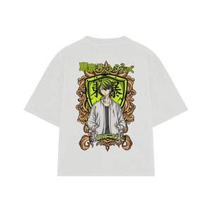 Playera streetwear premium de anime y gaming ExtraLife MX, corte boxy oversized drop shoulder heavyweight en color Deep Black y Off-White, moda urbana mexicana de culto.