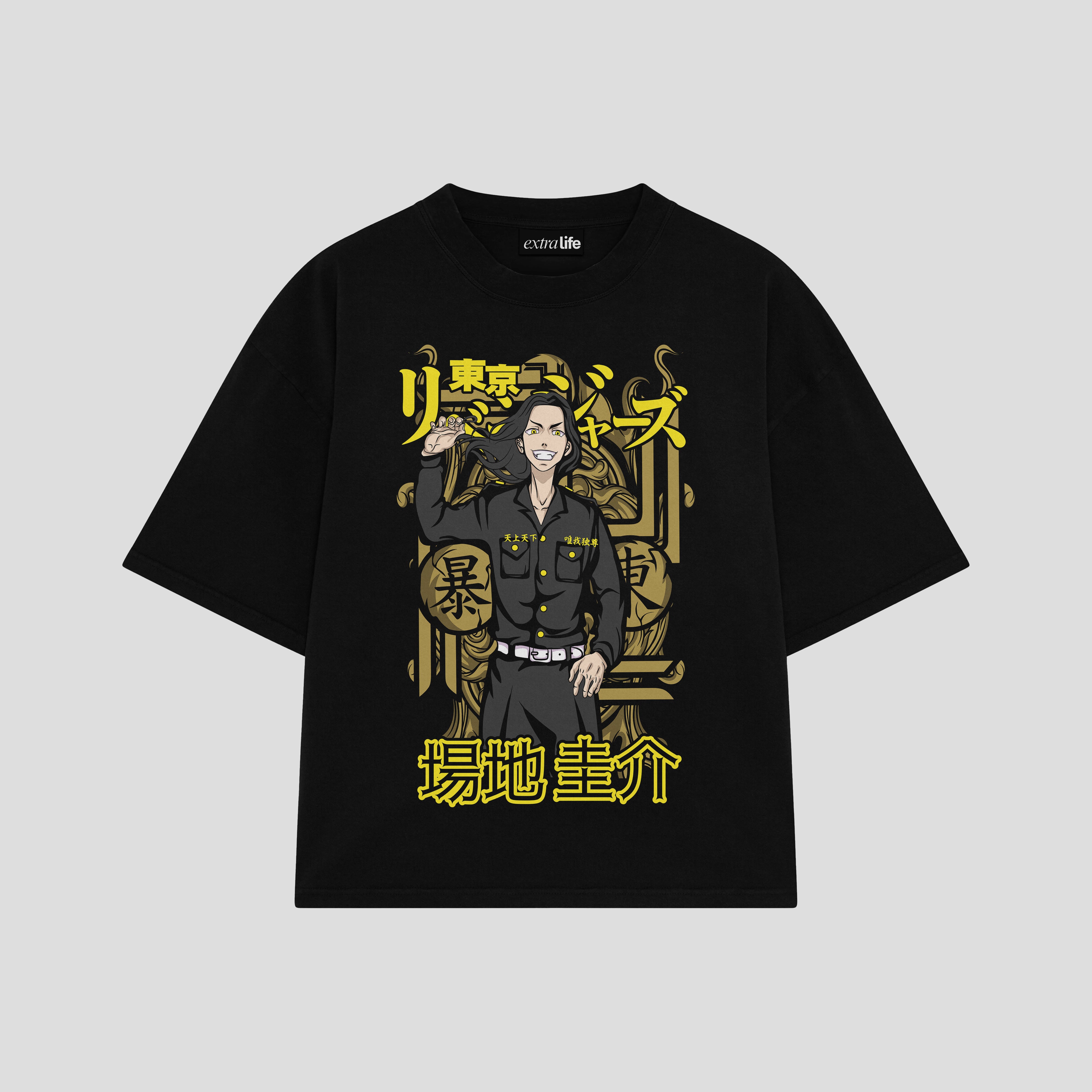 Playera streetwear premium de anime y gaming ExtraLife MX, corte boxy oversized drop shoulder heavyweight en color Deep Black y Off-White, moda urbana mexicana de culto.